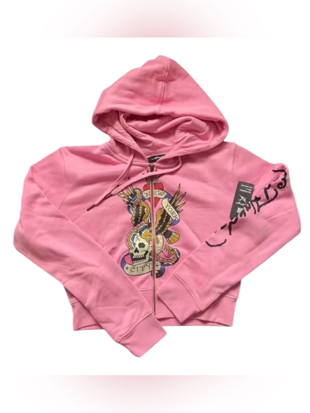 Ed Hardy Pink Cropped Zip Hoodie with Skull & Banner Graphic